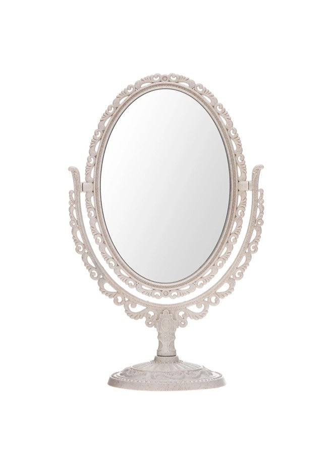 شيبشيب مرآة زينة بيضاوية الشكل توضع على الطاولة، مرآة ماكياج بيضاوية عتيقة قابلة للدوران بزاوية 360 درجة، مناسبة للنساء للسفر وغرفة النوم، باللون البيج - Image 1